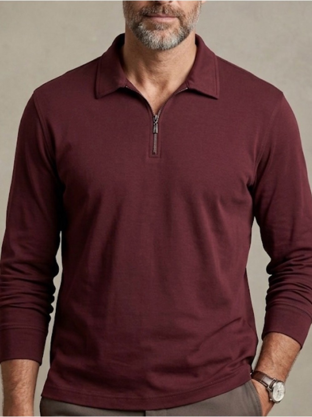 Magaschoni Man Burgundy Quarter Zip Long Sleeve Polo Shirt Men’s Medium